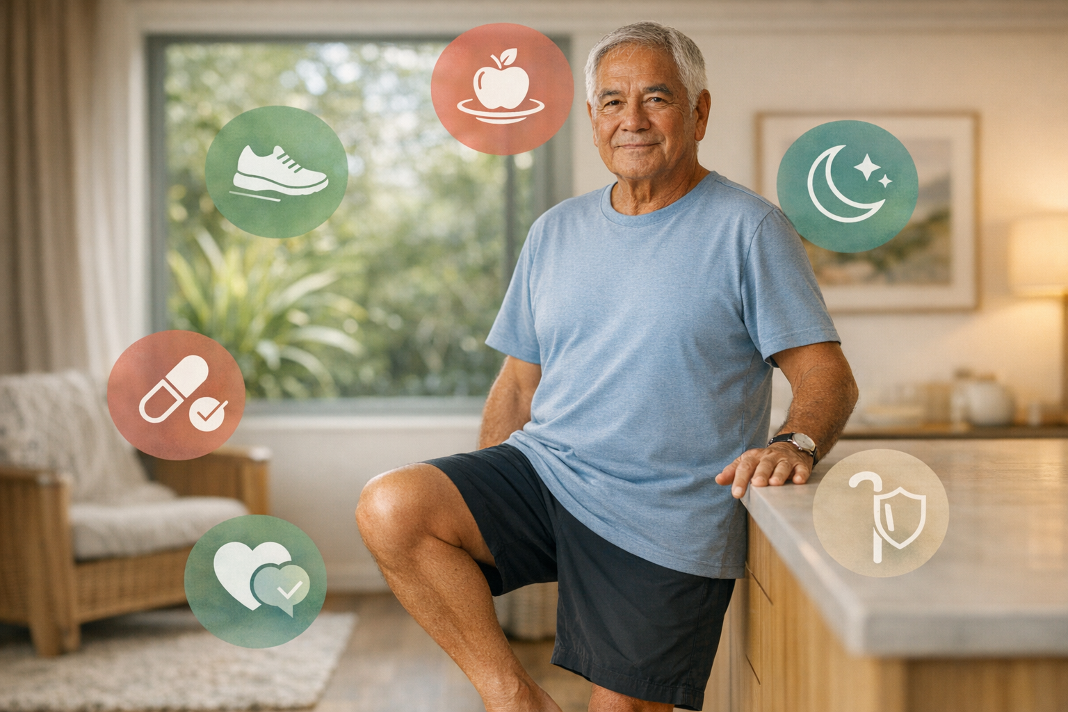 Photorealistic health-and-wellness portrait: an older New Zealander (late 60s–70s) in a bright, tidy coastal NZ home, performing a gentle balance exer