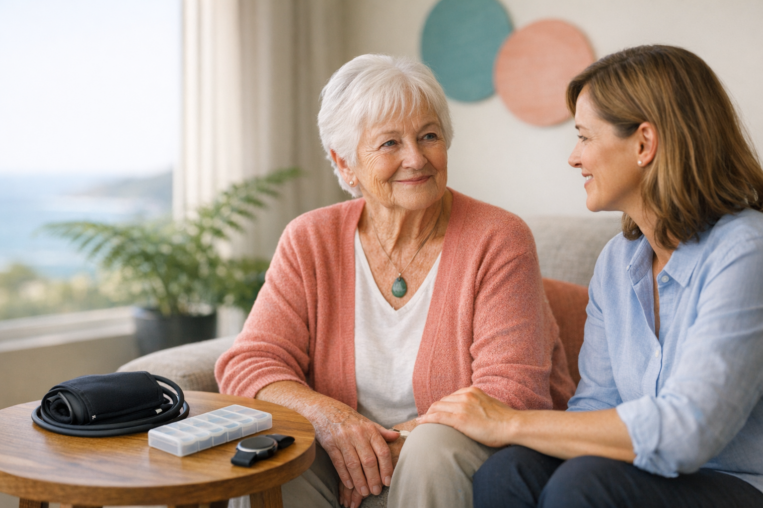 Photorealistic lifestyle portrait for a healthcare brand: an older New Zealander (70s) seated confidently in a sunlit living room, engaged in a calm, 